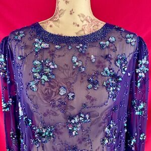 Vintage 90s Y2K Lillie Rubin Purple Sequin Beaded Sheer Tunic Top XL Holiday NYE